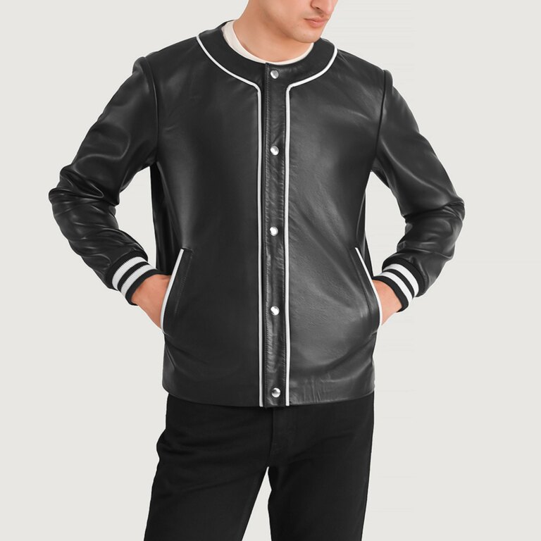 Mens Willis Black Leather Varsity Jacket Close Front-5-1704116862301